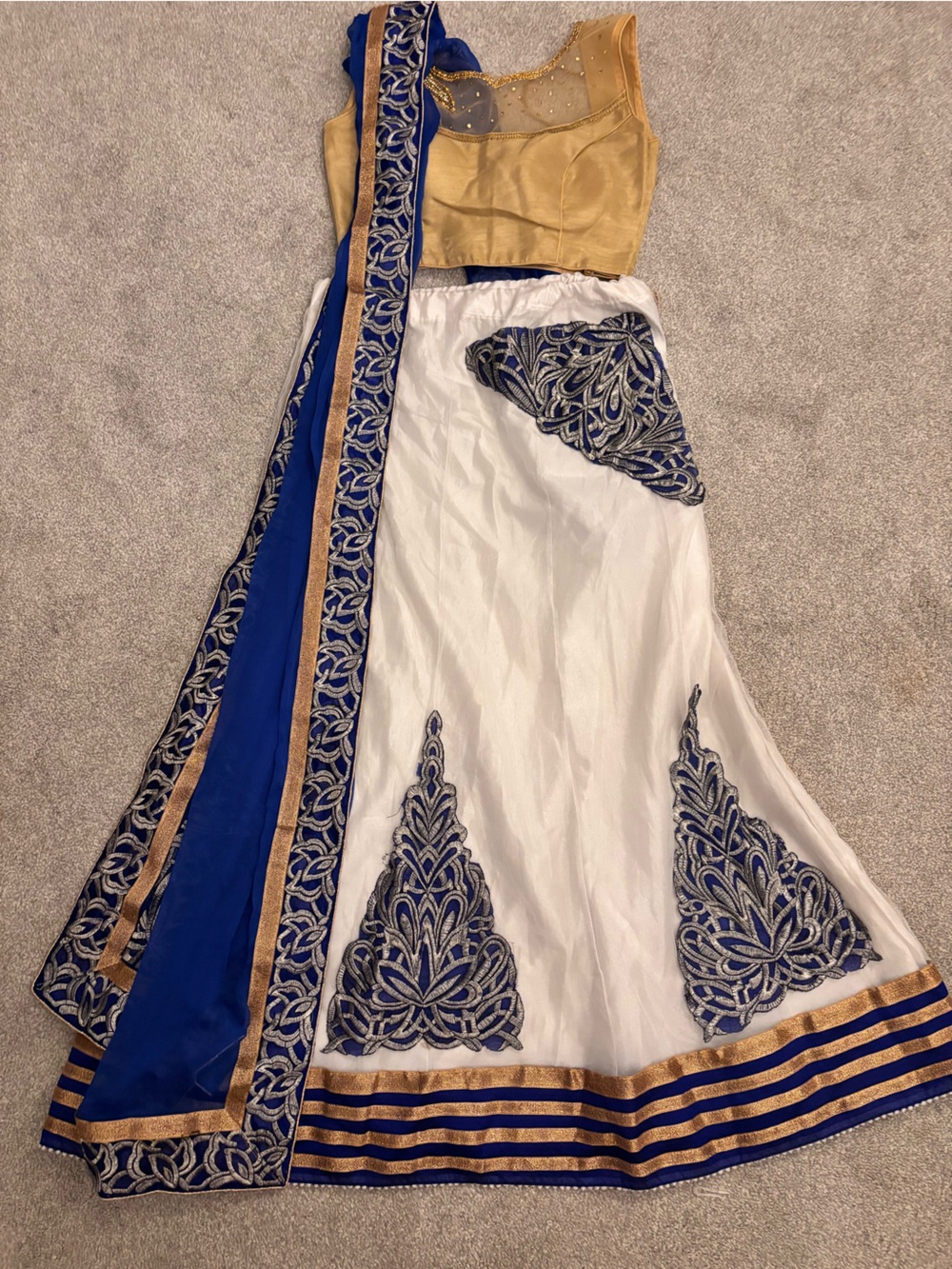 White & Royal Blue Embroidered Lehenga skirt w/ attached dupatta